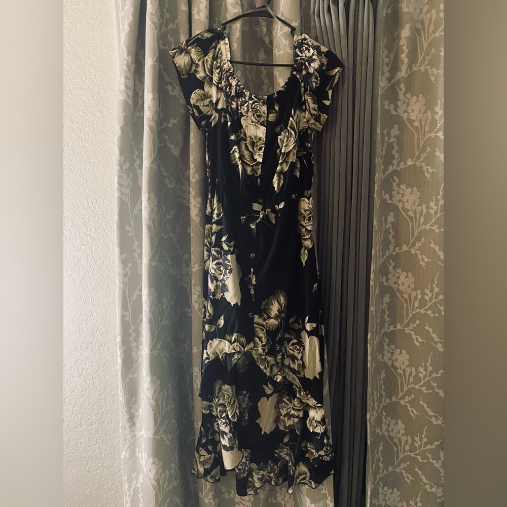 Black floral high-low dress.